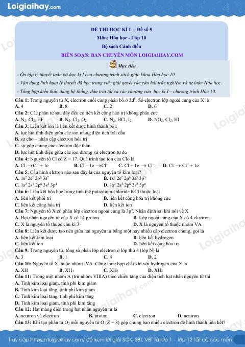 Đề thi học kì 1 Hóa 10 Cánh diều - Đề số 5